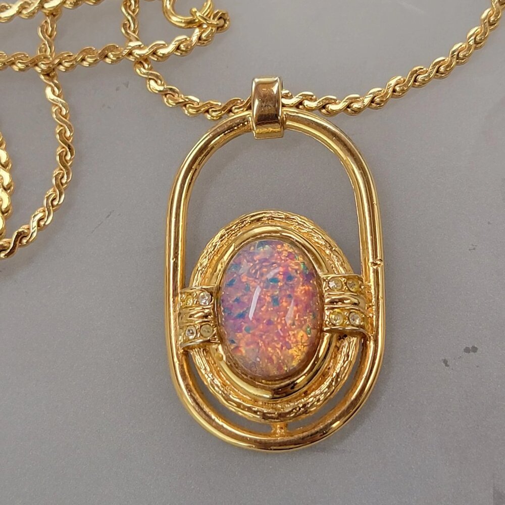Large Pink Faux Opal and Clear Rhinestone Pendant Necklace